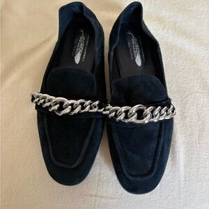 JEFFREY CAMPBELL FREE PEOPLE BLACK SUEDE LOAFERS WITH CHAIN DETAIL SZ 6
